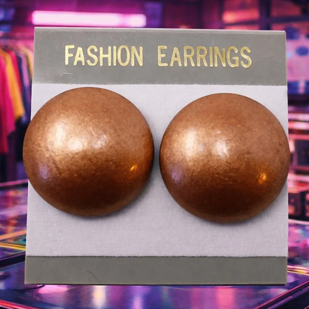 Vintage 80s Pierced Button Earrings Bronze Metallic Look New Old Stock - Hey Viv